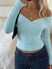 CovetEZ Women's V-Neck Cross Off-Shoulder Sexy Mint Blue Knit Sweater - Mint Blue - View 5