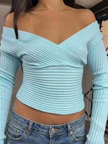 CovetEZ Women's V-Neck Cross Off-Shoulder Sexy Mint Blue Knit Sweater - Mint Blue - View 2