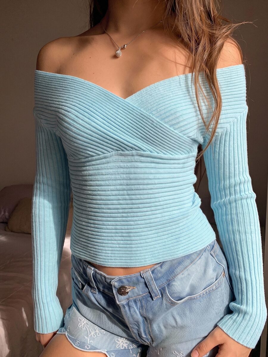 CovetEZ Women's V-Neck Cross Off-Shoulder Sexy Mint Blue Knit Sweater - Mint Blue - View 1