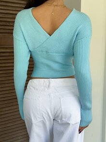 CovetEZ Women's V-Neck Cross Off-Shoulder Sexy Mint Blue Knit Sweater - Mint Blue - View 11