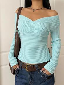 CovetEZ Women's V-Neck Cross Off-Shoulder Sexy Mint Blue Knit Sweater - Mint Blue - View 9