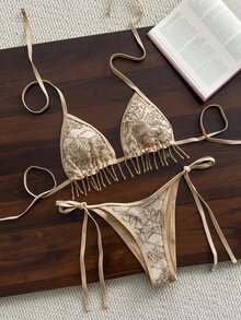 Costavie Swim Bonvoyette 2件組 春夏海灘度假亮片紋理面料金色閃亮水晶流蘇掛脖三角比基尼上衣與側綁比基尼褲性感比基尼套裝 - 金色 - 查看 6