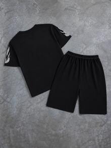 Coolqubz 青少年男孩2件套：黑色夏季街頭風寬鬆日自由女神主題T恤+長褲，Y2K圖案街頭時尚海灘派對穿搭 - 黑色 - 查看 2