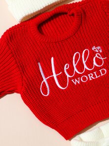 SHEIN 3pcs Newborn Baby Unisex Knit Pullover Pants Hat Set Cute Red White Pom Pom Letter Striped Long Sleeve Thick Christmas Photography Winter Sweaters - Red - View 8