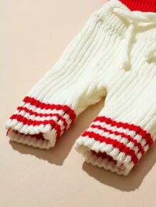 SHEIN 3pcs Newborn Baby Unisex Knit Pullover Pants Hat Set Cute Red White Pom Pom Letter Striped Long Sleeve Thick Christmas Photography Winter Sweaters - Red - View 6
