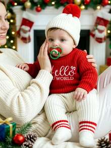 SHEIN 3pcs Newborn Baby Unisex Knit Pullover Pants Hat Set Cute Red White Pom Pom Letter Striped Long Sleeve Thick Christmas Photography Winter Sweaters - Red - View 7