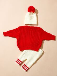 SHEIN 3pcs Newborn Baby Unisex Knit Pullover Pants Hat Set Cute Red White Pom Pom Letter Striped Long Sleeve Thick Christmas Photography Winter Sweaters - Red - View 4