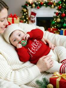 SHEIN 3pcs Newborn Baby Unisex Knit Pullover Pants Hat Set Cute Red White Pom Pom Letter Striped Long Sleeve Thick Christmas Photography Winter Sweaters - Red - View 5