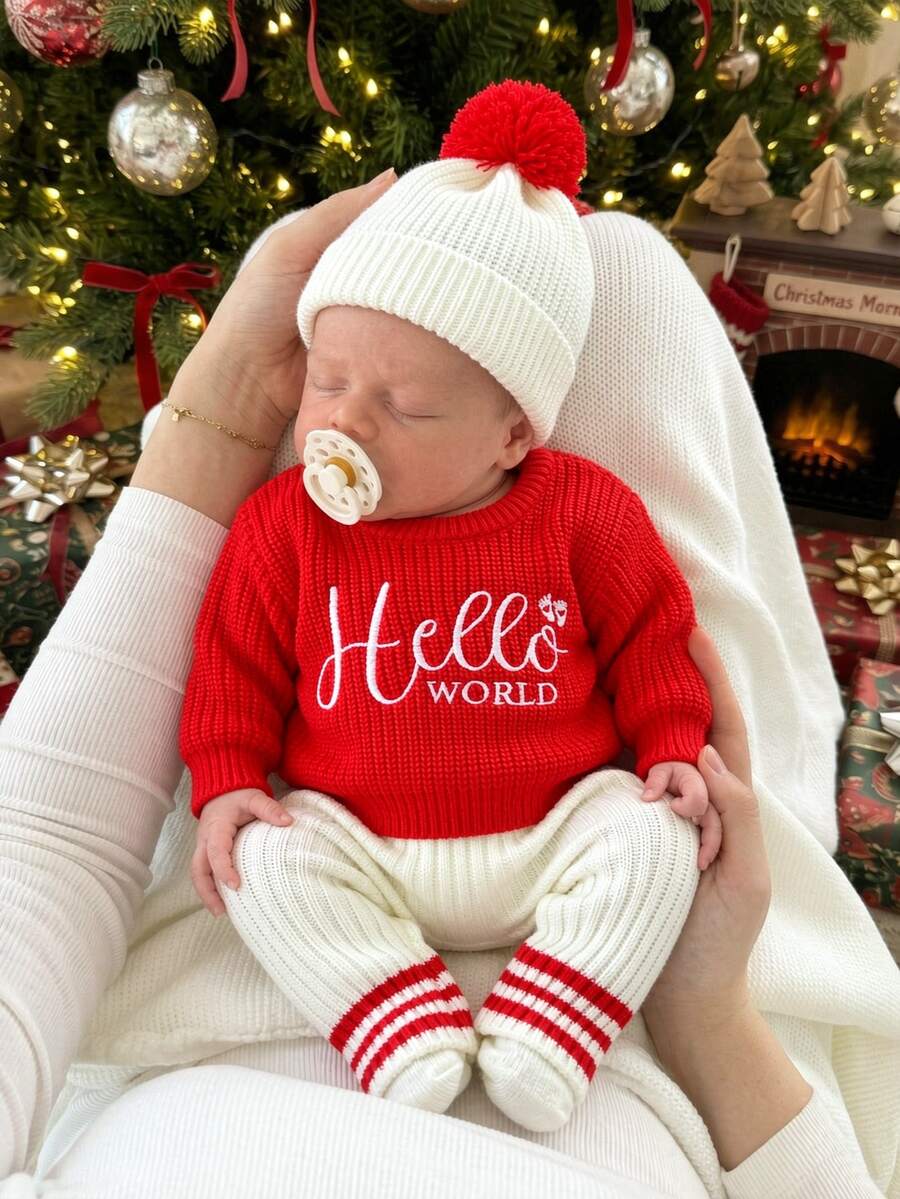 SHEIN 3pcs Newborn Baby Unisex Knit Pullover Pants Hat Set Cute Red White Pom Pom Letter Striped Long Sleeve Thick Christmas Photography Winter Sweaters