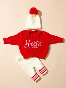 SHEIN 3pcs Newborn Baby Unisex Knit Pullover Pants Hat Set Cute Red White Pom Pom Letter Striped Long Sleeve Thick Christmas Photography Winter Sweaters - Red - View 3