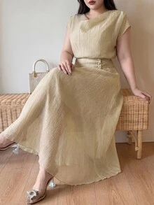 Feyla Plus Size Women Solid Color Short Sleeve Top And Skirt Casual Everyday 2-Piece Set - Khaki - View 5