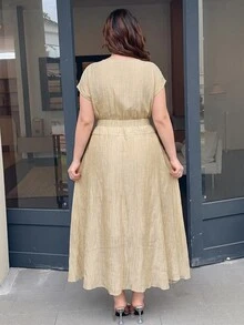 Feyla Plus Size Women Solid Color Short Sleeve Top And Skirt Casual Everyday 2-Piece Set - Khaki - View 2