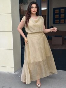 Feyla Plus Size Women Solid Color Short Sleeve Top And Skirt Casual Everyday 2-Piece Set - Khaki - View 8