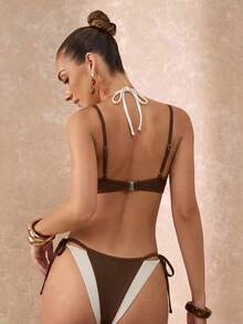 Lumalex Chocolate Brown Summer Cute Beach Holiday Bikini Set, Contrast O Ring Triangle Halter Top, Adjustable Straps Tie Side Thong Bottom, Colorblock Swimwear - Multicolor - View 7