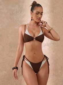 Lumalex Chocolate Brown Summer Cute Beach Holiday Bikini Set, Contrast O Ring Triangle Halter Top, Adjustable Straps Tie Side Thong Bottom, Colorblock Swimwear - Multicolor - View 5