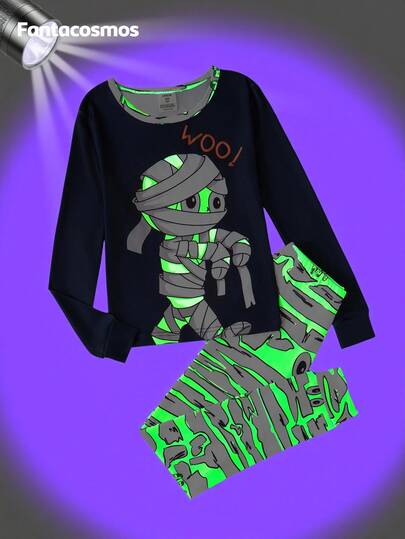 Tween Boy Halloween Glow-In-The-Dark Mummy Pajama Set Green Gingham Long Sleeve T-Shirt Pants Outfit Black Autumn Cute Lounge Stretchy Soft Snug Fit