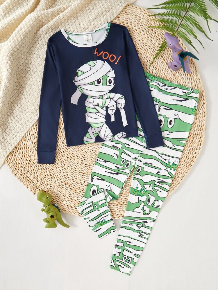 Tween Boy Halloween Glow-In-The-Dark Mummy Pajama Set Green Gingham Long Sleeve T-Shirt Pants Outfit Black Autumn Cute Lounge Stretchy Soft Snug Fit - Navy Blue - View 4