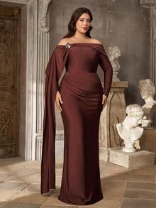 Aureia Plus Size Elegant Brown Elastic Knit Asymmetric Neck Long Sleeve Bodycon Dress Dinner Evening Wedding Thanksgiving Bridesmaid Autumn - Coffee Brown - View 7