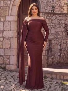 Aureia Plus Size Elegant Brown Elastic Knit Asymmetric Neck Long Sleeve Bodycon Dress Dinner Evening Wedding Thanksgiving Bridesmaid Autumn - Coffee Brown - View 5