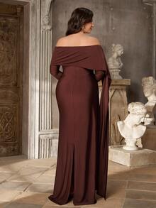 Aureia Plus Size Elegant Brown Elastic Knit Asymmetric Neck Long Sleeve Bodycon Dress Dinner Evening Wedding Thanksgiving Bridesmaid Autumn - Coffee Brown - View 4