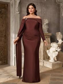 Aureia Plus Size Elegant Brown Elastic Knit Asymmetric Neck Long Sleeve Bodycon Dress Dinner Evening Wedding Thanksgiving Bridesmaid Autumn - Coffee Brown - View 9