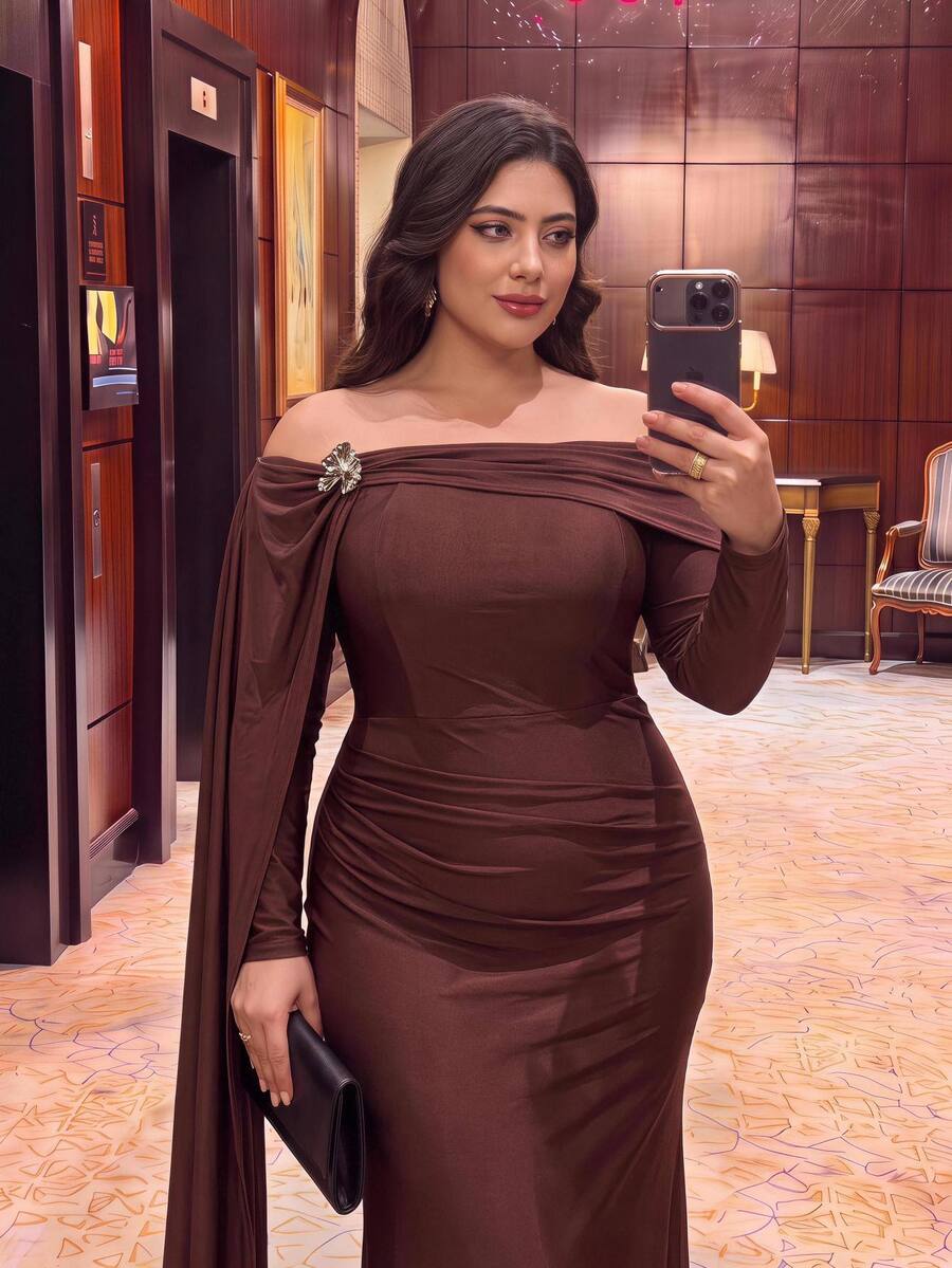 Aureia Plus Size Elegant Brown Elastic Knit Asymmetric Neck Long Sleeve Bodycon Dress Dinner Evening Wedding Thanksgiving Bridesmaid Autumn