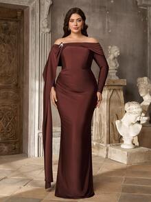Aureia Plus Size Elegant Brown Elastic Knit Asymmetric Neck Long Sleeve Bodycon Dress Dinner Evening Wedding Thanksgiving Bridesmaid Autumn - Coffee Brown - View 6