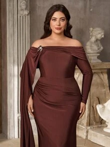 Aureia Plus Size Elegant Brown Elastic Knit Asymmetric Neck Long Sleeve Bodycon Dress Dinner Evening Wedding Thanksgiving Bridesmaid Autumn - Coffee Brown - View 11