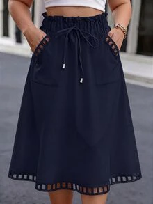 GlowEve CURVE 大尺碼女款優雅通勤腰綁帶口袋鏤空下擺裙 - 藏蓝色 - 查看 3