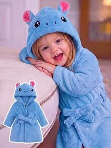 SHEIN Baby Girl Cartoon Embroidery 3D Ear Design Hooded Belted Flannel Sleep Robe - Blue - View 1