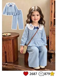 SHEIN Elladie kids 女童 2 件套丹寧風上衣 棕色彼得潘領燈籠長袖襯衫 寬腿褲 極簡風 嬰兒秋季 7 歲生日禮物 - 藍色 - 查看 10