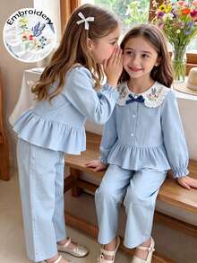 SHEIN Elladie kids 女童 2 件套丹寧風上衣 棕色彼得潘領燈籠長袖襯衫 寬腿褲 極簡風 嬰兒秋季 7 歲生日禮物 - 藍色 - 查看 11