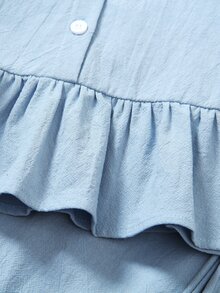 SHEIN Elladie kids 女童 2 件套丹寧風上衣 棕色彼得潘領燈籠長袖襯衫 寬腿褲 極簡風 嬰兒秋季 7 歲生日禮物 - 藍色 - 查看 9