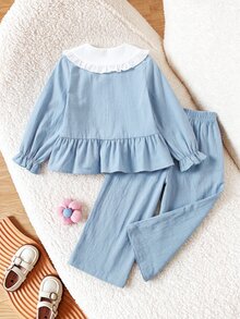 SHEIN Elladie kids 女童 2 件套丹寧風上衣 棕色彼得潘領燈籠長袖襯衫 寬腿褲 極簡風 嬰兒秋季 7 歲生日禮物 - 藍色 - 查看 4