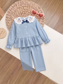 SHEIN Elladie kids 女童 2 件套丹寧風上衣 棕色彼得潘領燈籠長袖襯衫 寬腿褲 極簡風 嬰兒秋季 7 歲生日禮物 - 藍色 - 查看 2
