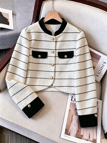 Muvela Jaket Pendek Tweed Bergaris Hitam Putih Vintage Wanita, Mantel Pendek Kancing Depan Kerah Bulat dengan Blok Warna, Pakaian Luar Musim Gugur Elegan untuk Kantor - Hitam dan Putih - View 6