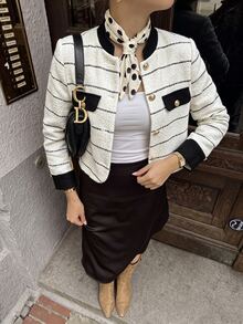 Muvela Jaket Pendek Tweed Bergaris Hitam Putih Vintage Wanita, Mantel Pendek Kancing Depan Kerah Bulat dengan Blok Warna, Pakaian Luar Musim Gugur Elegan untuk Kantor - Hitam dan Putih - View 2