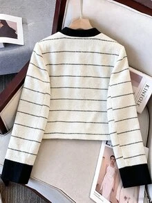Muvela Jaket Pendek Tweed Bergaris Hitam Putih Vintage Wanita, Mantel Pendek Kancing Depan Kerah Bulat dengan Blok Warna, Pakaian Luar Musim Gugur Elegan untuk Kantor - Hitam dan Putih - View 7