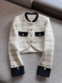 Muvela Jaket Pendek Tweed Bergaris Hitam Putih Vintage Wanita, Mantel Pendek Kancing Depan Kerah Bulat dengan Blok Warna, Pakaian Luar Musim Gugur Elegan untuk Kantor - Hitam dan Putih - View 1
