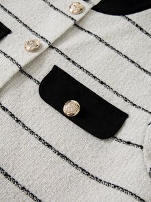 Muvela Jaket Pendek Tweed Bergaris Hitam Putih Vintage Wanita, Mantel Pendek Kancing Depan Kerah Bulat dengan Blok Warna, Pakaian Luar Musim Gugur Elegan untuk Kantor - Hitam dan Putih - View 5