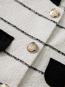 Muvela Jaket Pendek Tweed Bergaris Hitam Putih Vintage Wanita, Mantel Pendek Kancing Depan Kerah Bulat dengan Blok Warna, Pakaian Luar Musim Gugur Elegan untuk Kantor - Hitam dan Putih - View 9