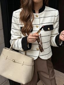 Muvela Jaket Pendek Tweed Bergaris Hitam Putih Vintage Wanita, Mantel Pendek Kancing Depan Kerah Bulat dengan Blok Warna, Pakaian Luar Musim Gugur Elegan untuk Kantor - Hitam dan Putih - View 4