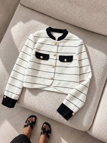 Muvela Jaket Pendek Tweed Bergaris Hitam Putih Vintage Wanita, Mantel Pendek Kancing Depan Kerah Bulat dengan Blok Warna, Pakaian Luar Musim Gugur Elegan untuk Kantor - Hitam dan Putih - View 3