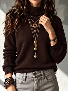 LUMIGAL Sweater Turtleneck Polos Kasual Wanita, Musim Gugur/Dingin - Coklat - View 4