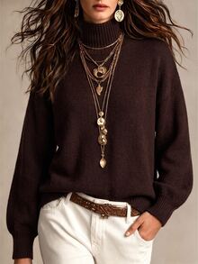 LUMIGAL Sweater Turtleneck Polos Kasual Wanita, Musim Gugur/Dingin - Coklat - View 2