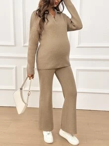SHEIN Maternity Solid Color Dropped Shoulder Long Sleeve Zipper Half-Placket Sweater And Adjustable Waist Knit Pants Casual Set - Khaki - View 5