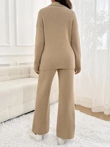 SHEIN Maternity Solid Color Dropped Shoulder Long Sleeve Zipper Half-Placket Sweater And Adjustable Waist Knit Pants Casual Set - Khaki - View 6