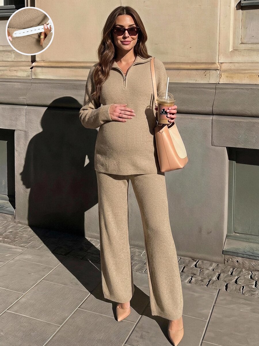 SHEIN Maternity Solid Color Dropped Shoulder Long Sleeve Zipper Half-Placket Sweater And Adjustable Waist Knit Pants Casual Set - Khaki - View 1
