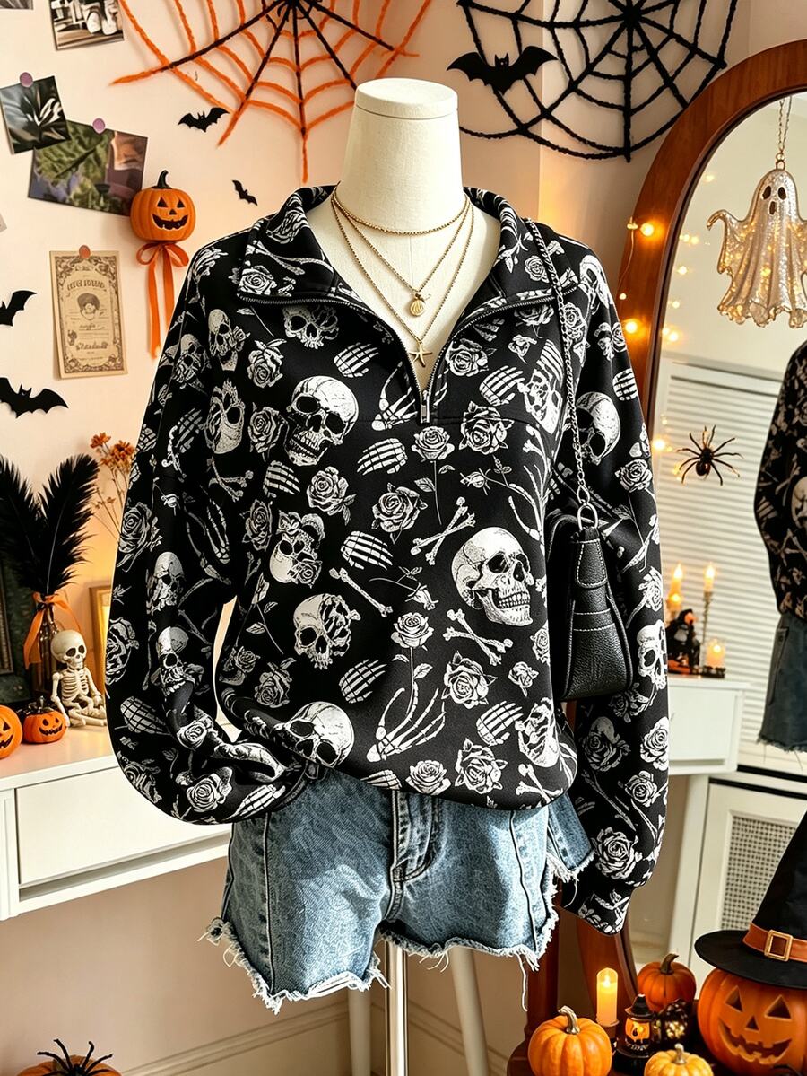 Breezaya Large-Sized Women Top With Digital Printing, Full Print, Half-Zip, Reversible Collar, Soft And Comfortable, Skin-Friendly. - Multicolor - View 1