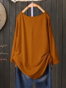 SHEIN Kaos Longgar Kasual Wanita Ukuran Besar Model V-Neck dengan Belahan Samping, Oranye Kuning - Jeruk - View 2